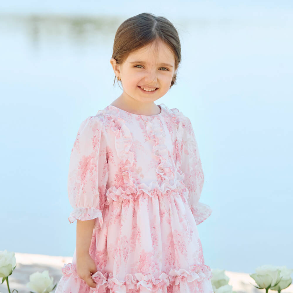Patachou-Girls Pink Floral Chiffon Ruffle Dress | Childrensalon Outlet