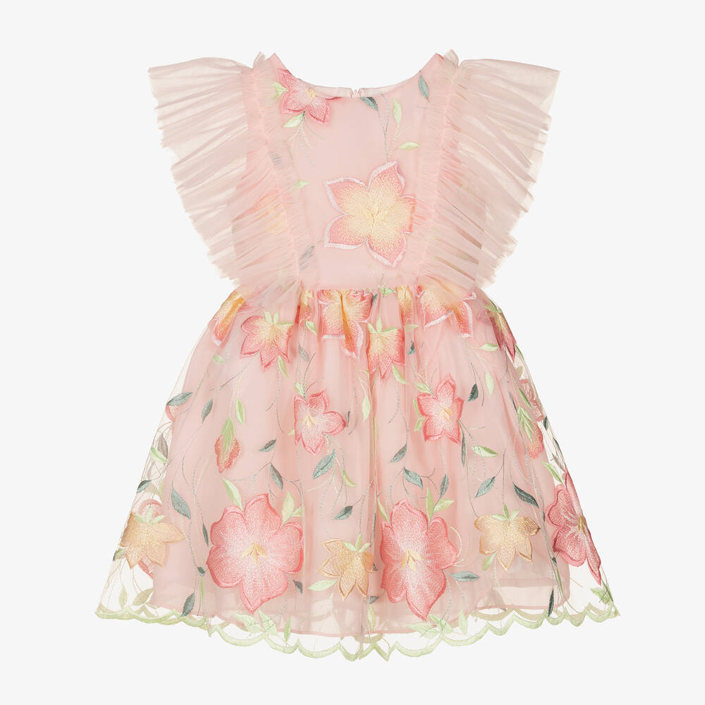 Patachou - Girls Pink Floral Embroidered Tulle Dress | Childrensalon