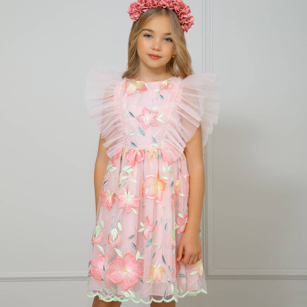 Patachou-Розовое платье из тюля с вышитыми цветами | Childrensalon Outlet