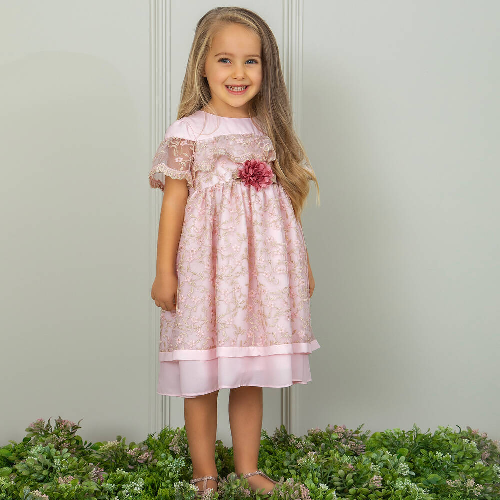 Patachou-Girls Pink Floral Embroidered Tulle Dress | Childrensalon Outlet