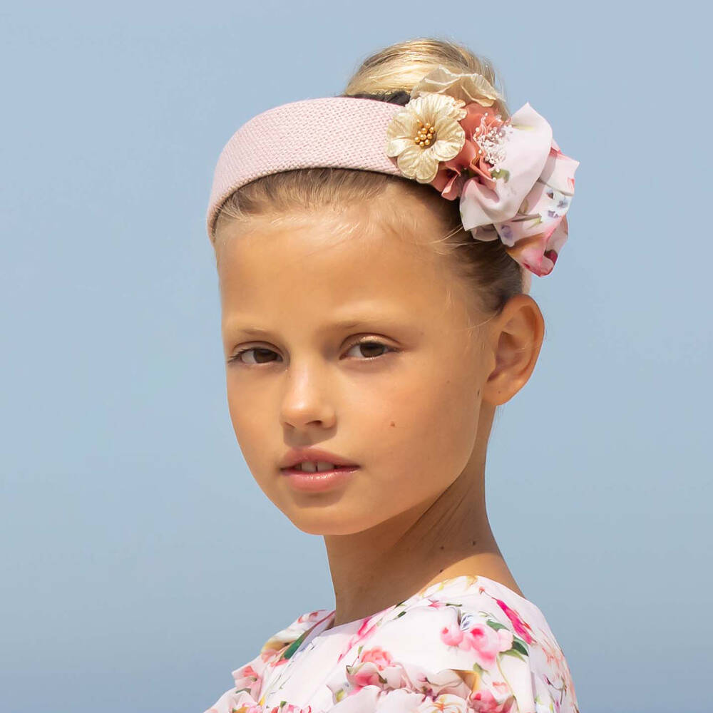 باتاشو-طوق للشعر لون زهري مزين بورود للبنات | Childrensalon Outlet