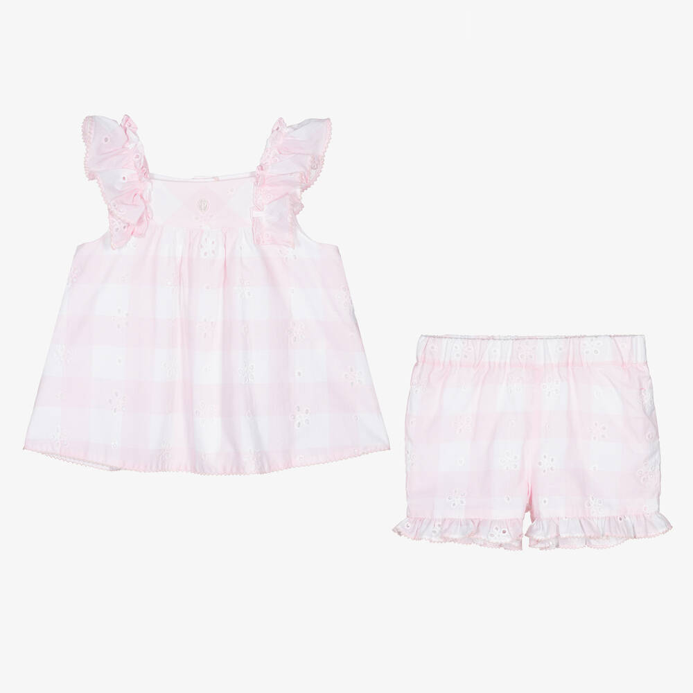 Patachou-طقم شورت قطن جينغهام لون زهري للبنات | Childrensalon Outlet