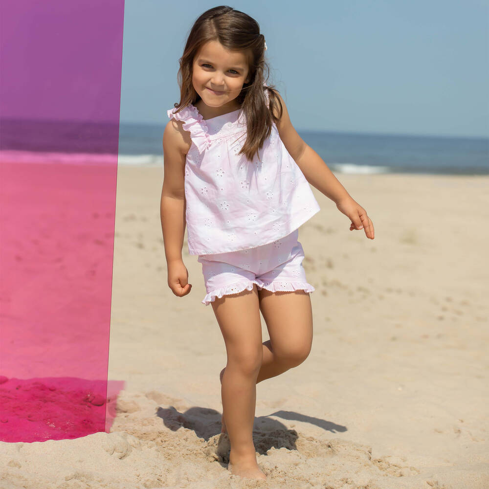 Patachou-طقم شورت قطن جينغهام لون زهري للبنات | Childrensalon Outlet