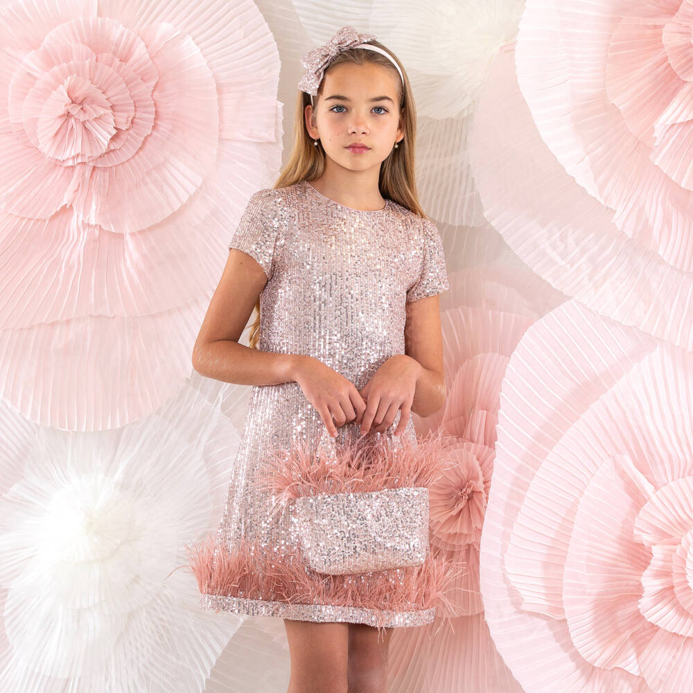 Patachou-فستان وردي براق مع ريش للبنات | Childrensalon Outlet