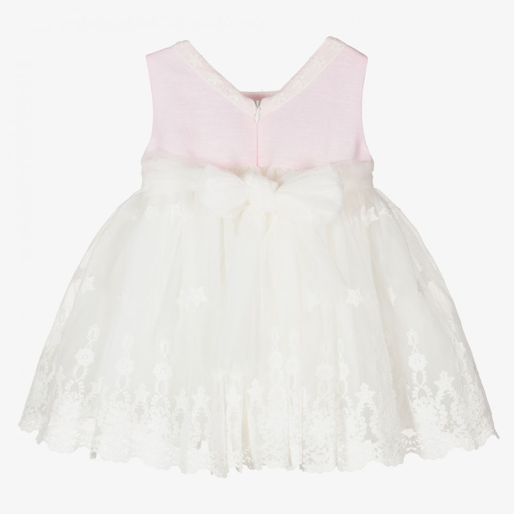 Patachou-فستان مزيج قطن وكتان وتول لون زهري وعاجي | Childrensalon Outlet