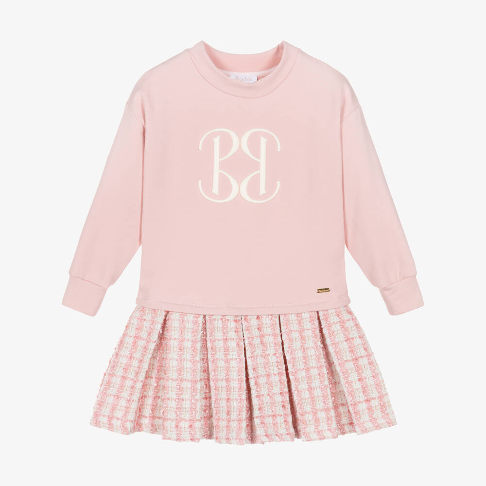 Patachou-Girls Pink Jersey Cotton & Tweed Sweatshirt Dress | Childrensalon Outlet