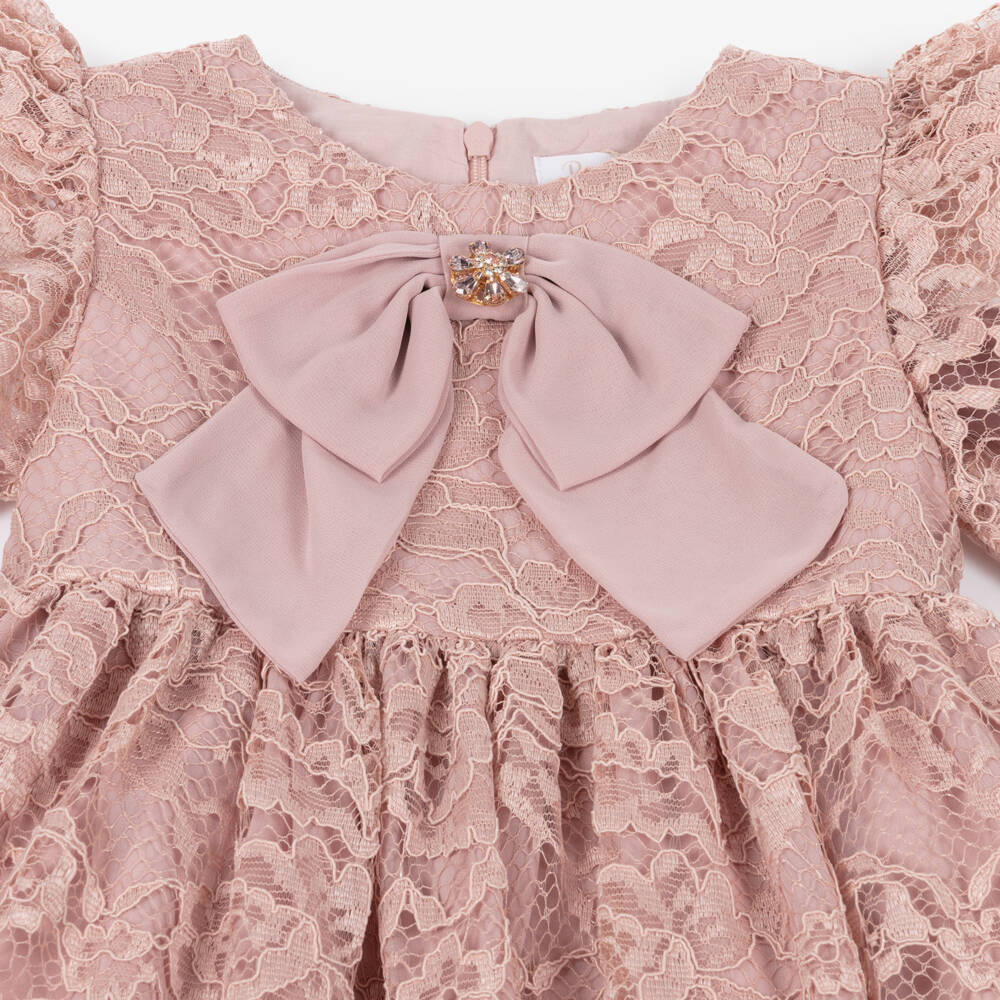 Patachou-Girls Pink Lace Dress with Chiffon Bow & Diamanté Detail | Childrensalon Outlet