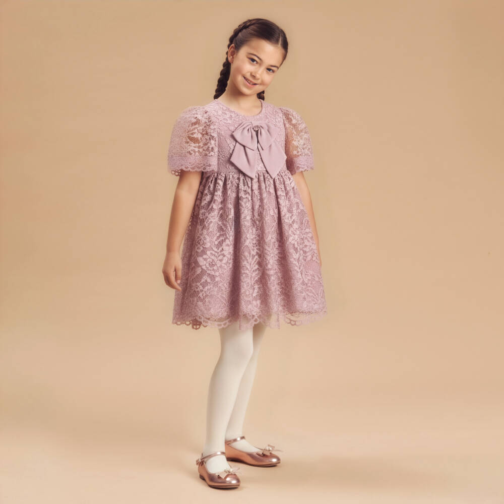 Patachou-Girls Pink Lace Dress with Chiffon Bow & Diamanté Detail | Childrensalon Outlet