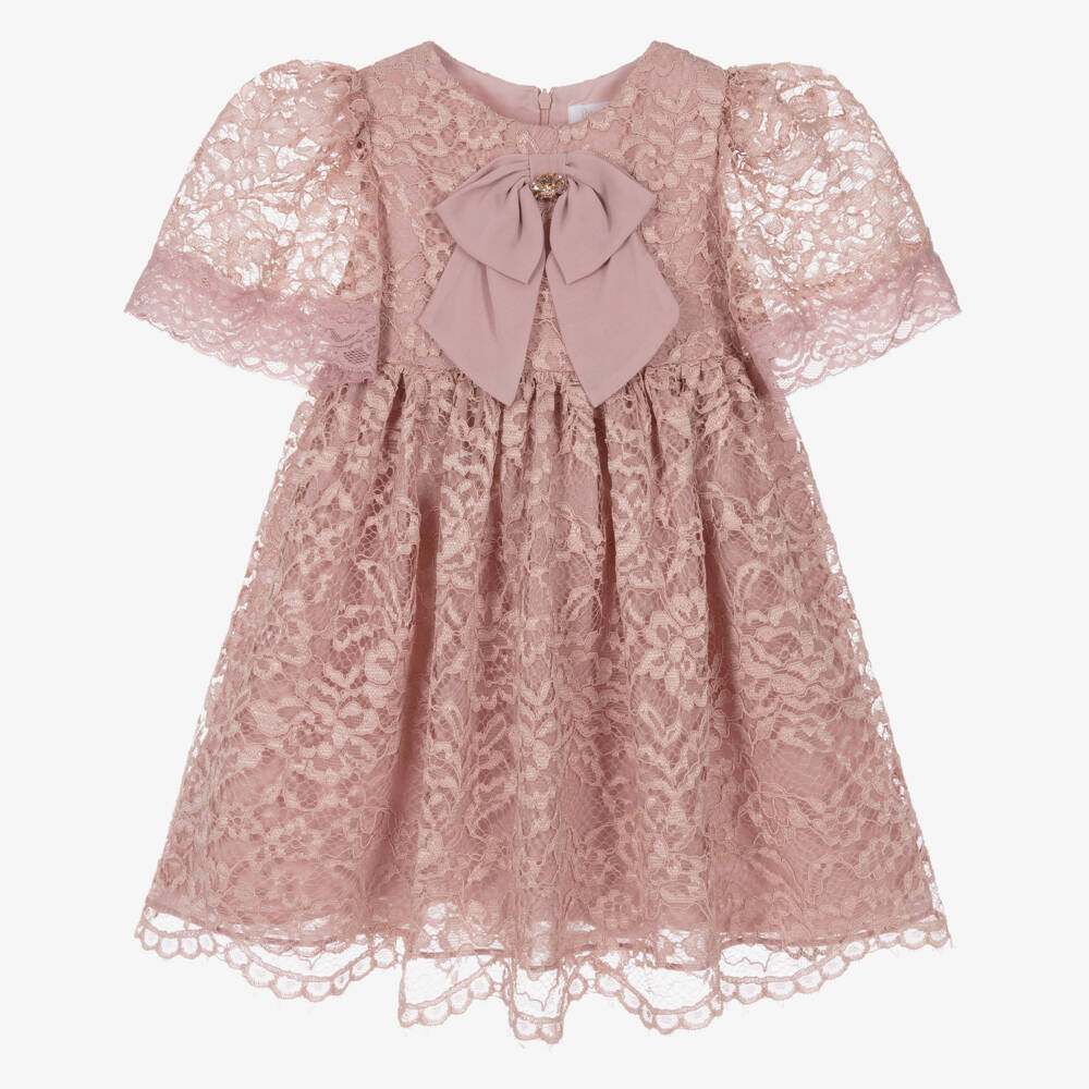 Patachou-Girls Pink Lace Dress with Chiffon Bow & Diamanté Detail | Childrensalon Outlet