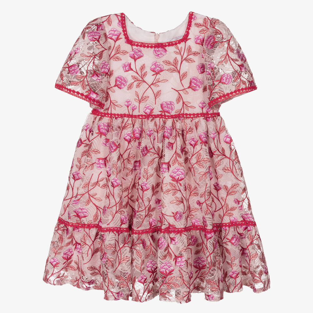 Patachou - Girls Pink & Red Floral Lace Dress | Childrensalon