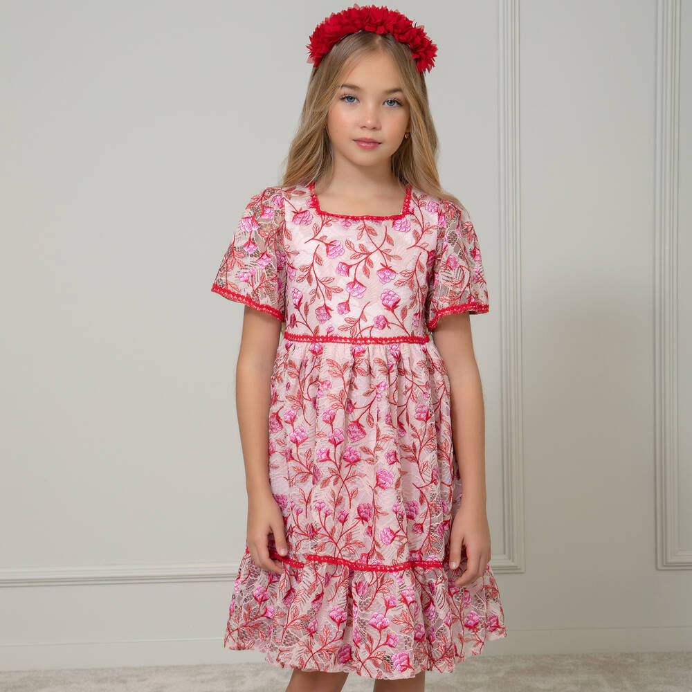 Patachou-Girls Pink & Red Floral Lace Dress | Childrensalon Outlet
