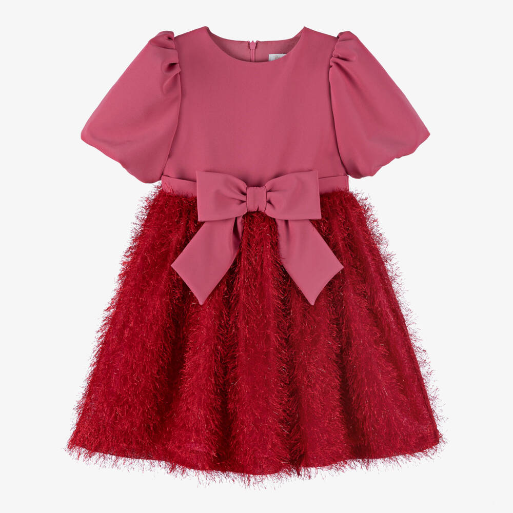 Patachou-Girls Pink & Red Fluffy Dress with Bow | Childrensalon Outlet