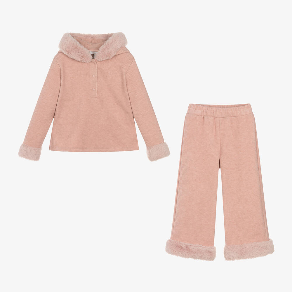 Patachou-Girls Pink Ribbed Knit & Faux Fur Tracksuit | Childrensalon Outlet
