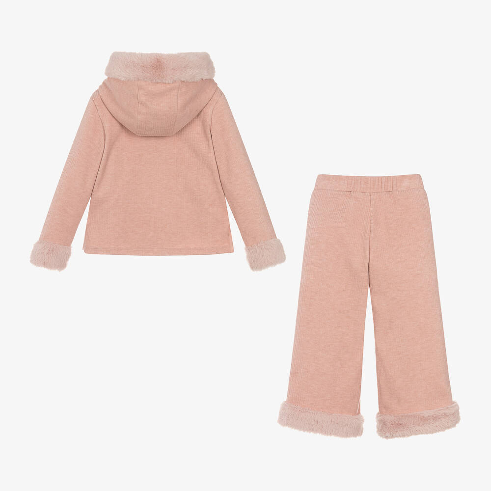 Patachou-Girls Pink Ribbed Knit & Faux Fur Tracksuit | Childrensalon Outlet