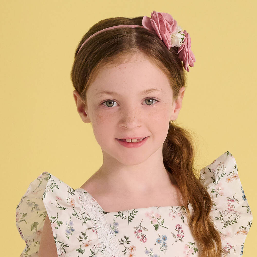 باتاشو-طوق للشعر ساتان لون زهري للبنات مزين بورود | Childrensalon Outlet