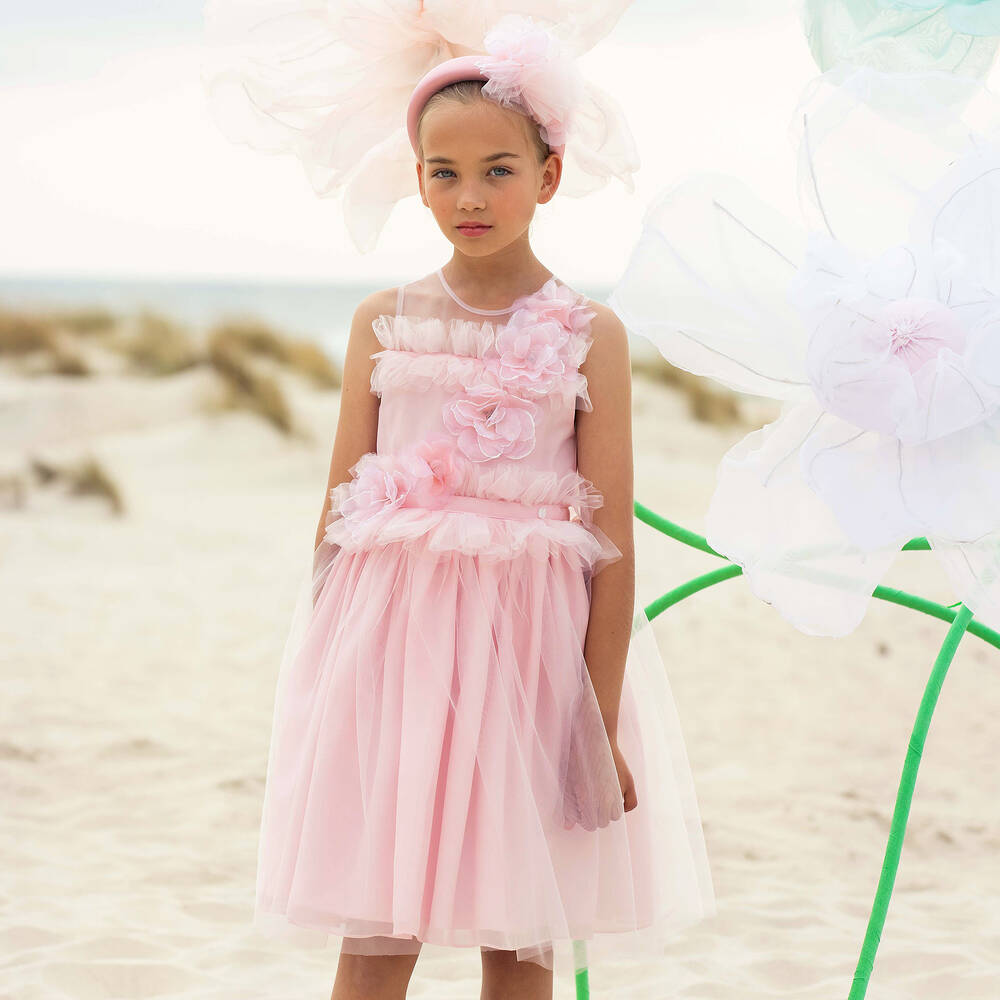 Patachou-فستان تول لون زهري فاتح مزين بكشكش | Childrensalon Outlet