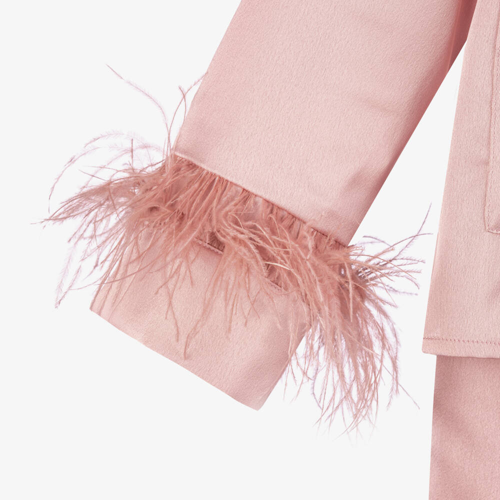 Patachou-Girls Pink Satin Trouser Set with Feather Trims | Childrensalon Outlet