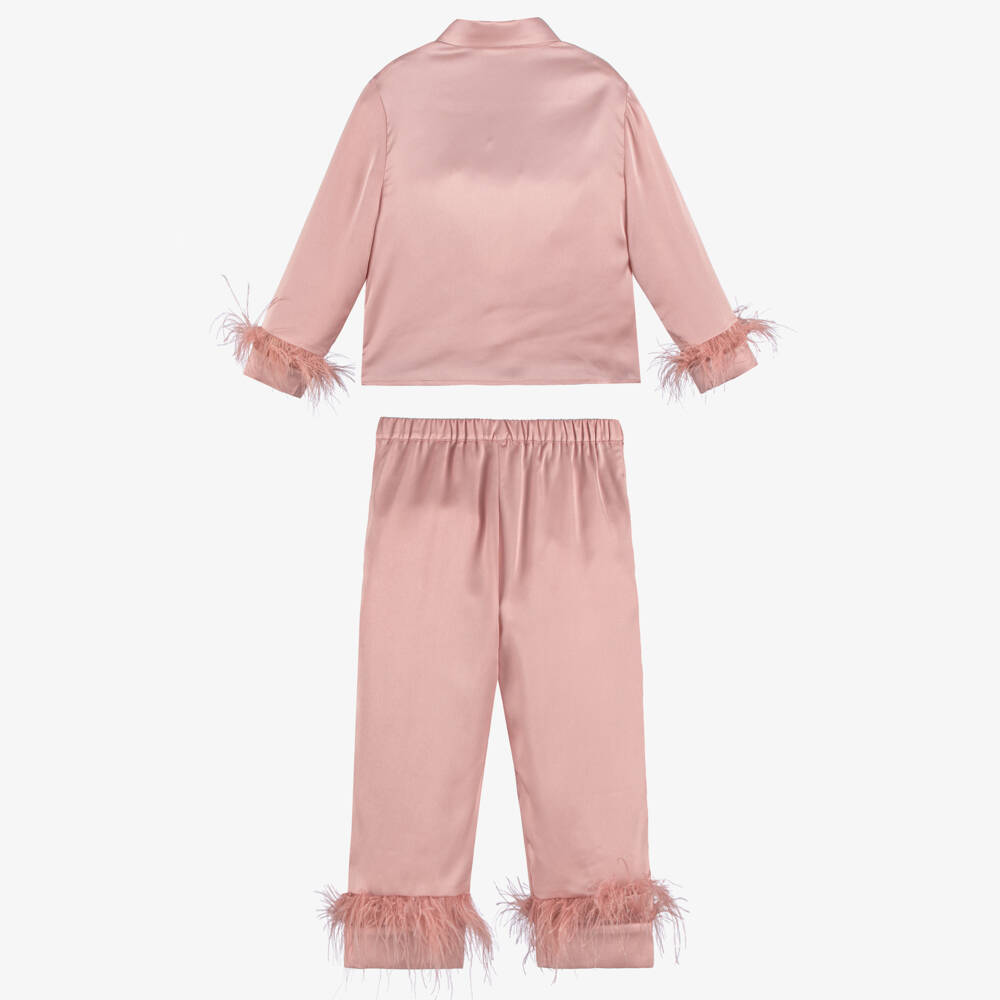 Patachou-Girls Pink Satin Trouser Set with Feather Trims | Childrensalon Outlet