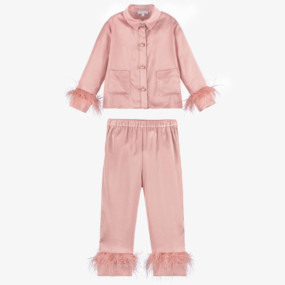 Patachou-Girls Pink Satin Trouser Set with Feather Trims | Childrensalon Outlet
