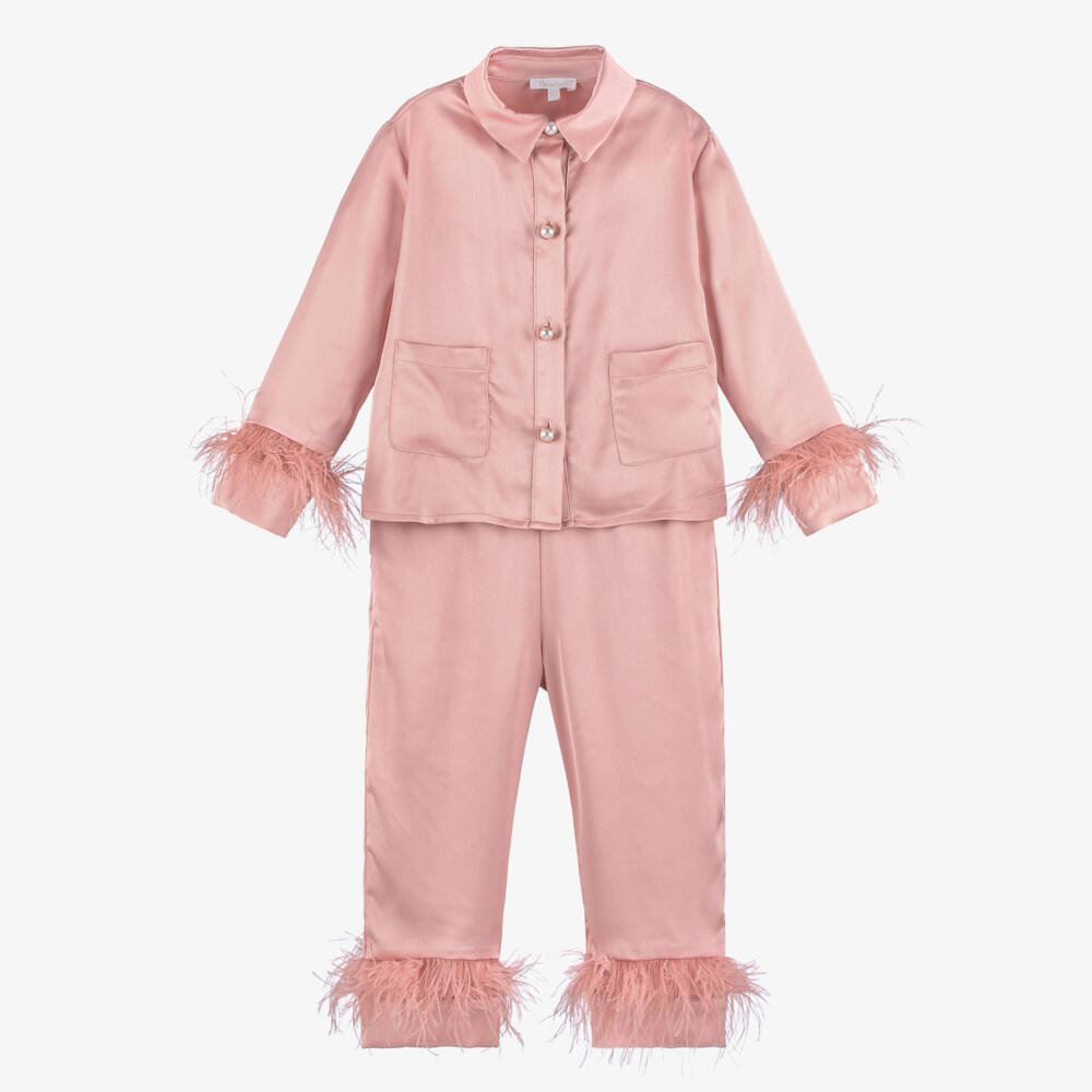 Patachou-Girls Pink Satin Trouser Set with Feather Trims | Childrensalon Outlet