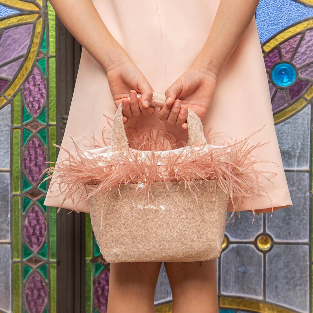 Patachou-Girls Pink Sequin & Feather Trim Handbag (25cm) | Childrensalon Outlet