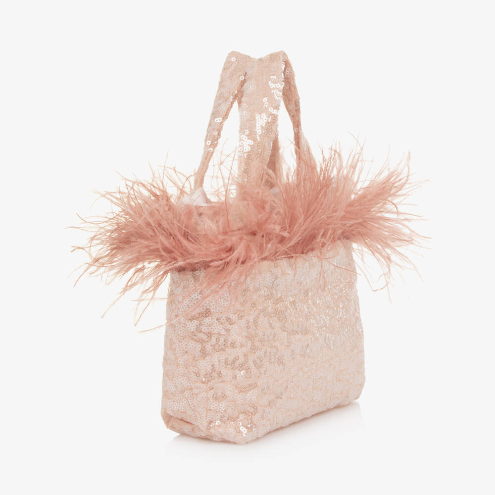 Patachou-Girls Pink Sequin & Feather Trim Handbag (25cm) | Childrensalon Outlet