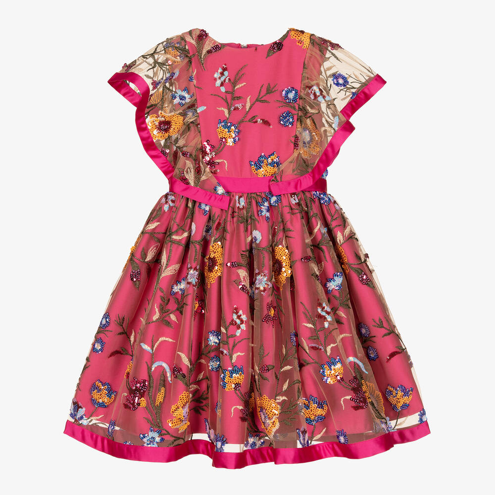 Patachou - Girls Pink Sequin Floral Tulle Dress | Childrensalon