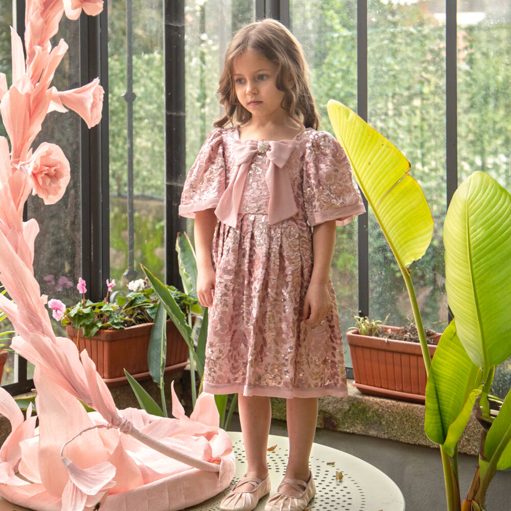 Patachou-Girls Pink Sequinned Lace Dress with Crêpe Bow | Childrensalon Outlet