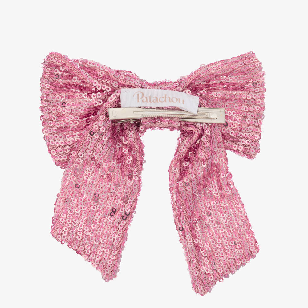 Patachou-Girls Pink Sequinned Tulle Bow Hair Clip (13.5cm) | Childrensalon Outlet