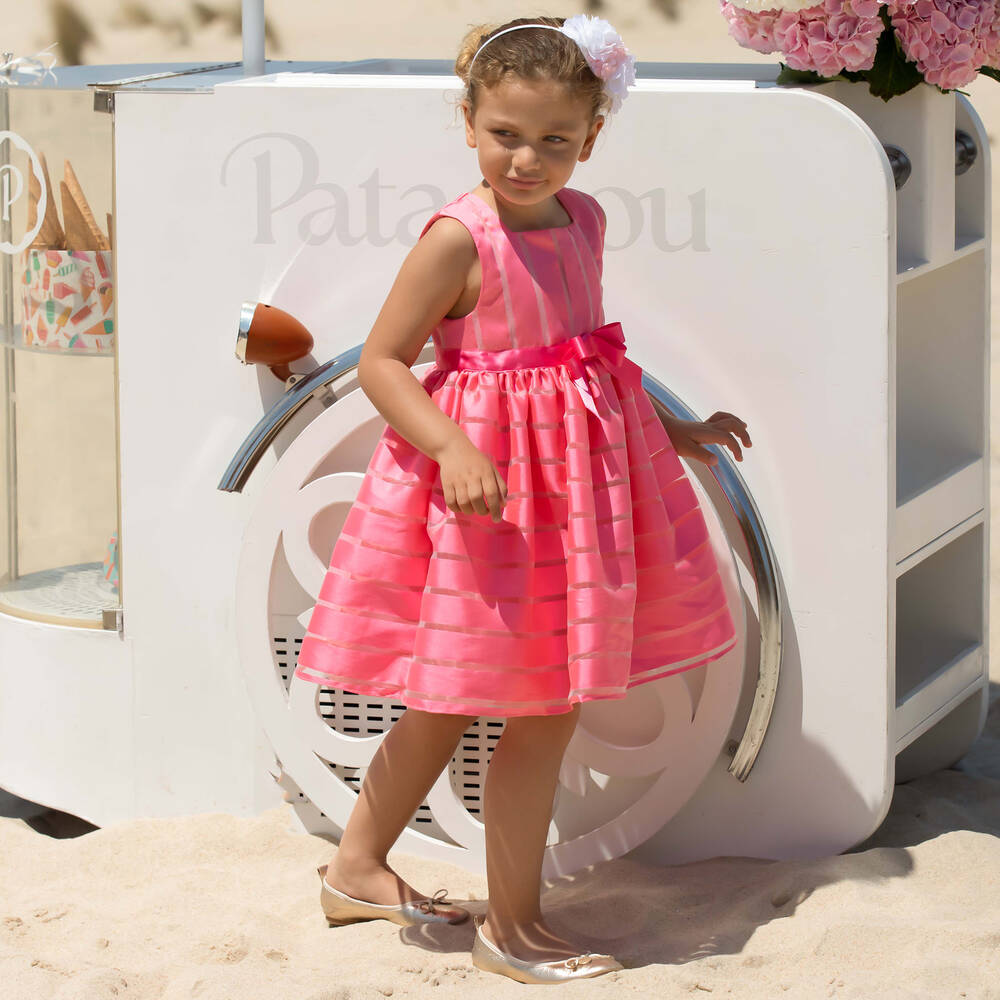 Patachou-Girls Pink Striped Satin & Organza Dress | Childrensalon Outlet