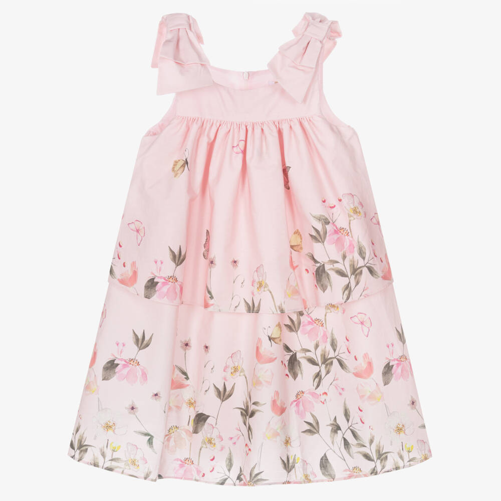 Patachou-Girls Pink Tiered Cotton Sateen Dress with Bows & Floral Print | Childrensalon Outlet