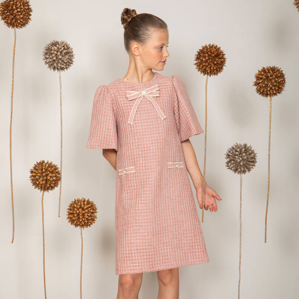 Patachou-Girls Pink Tweed Dress with Decorative Bow | Childrensalon Outlet