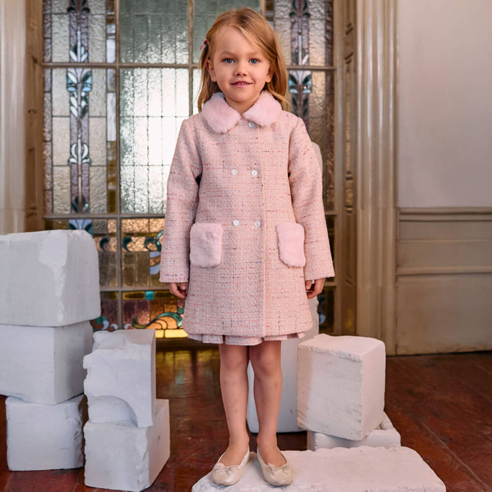 Patachou-Girls Pink Tweed Faux Fur Coat | Childrensalon Outlet