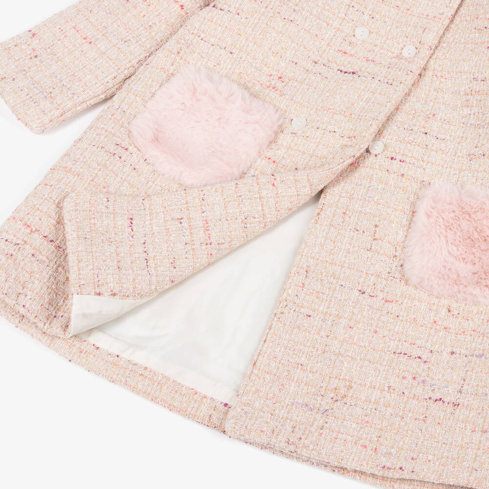 Patachou-Girls Pink Tweed Faux Fur Coat | Childrensalon Outlet