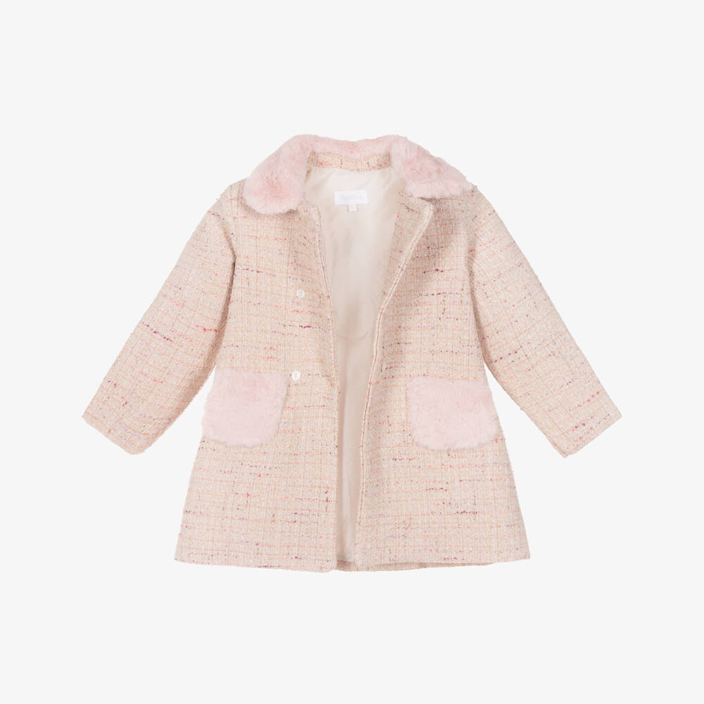 Patachou-Girls Pink Tweed Faux Fur Coat | Childrensalon Outlet