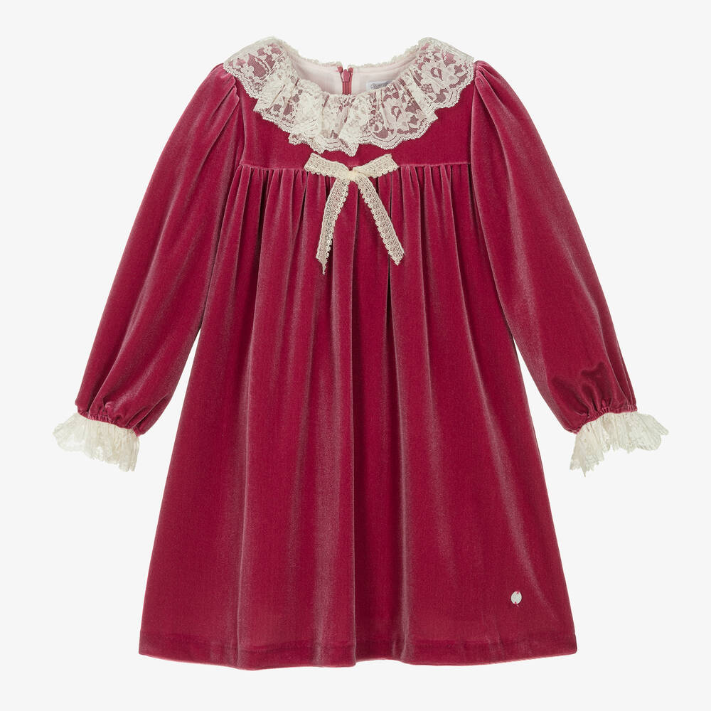Patachou - Robe rose en velours à col en dentelle fille | Childrensalon