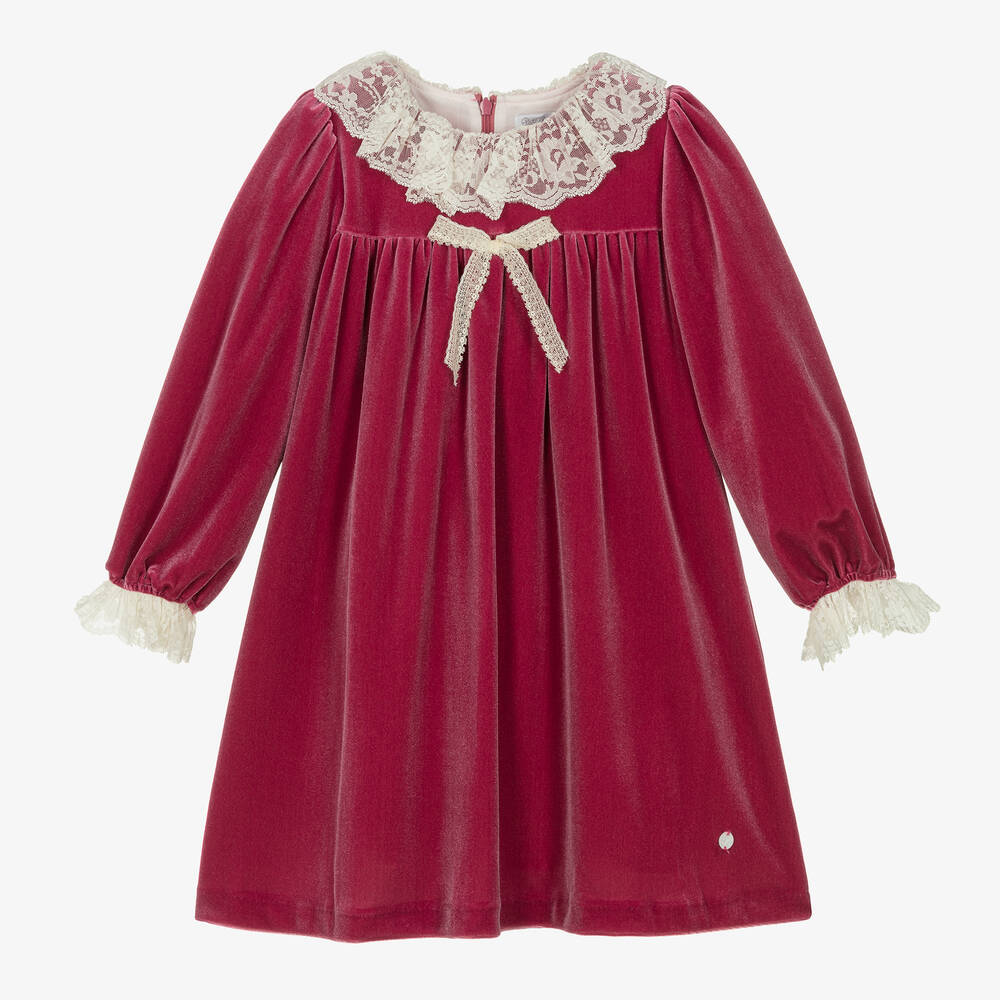 Patachou - Girls Pink Velour Lace Collar Dress | Childrensalon