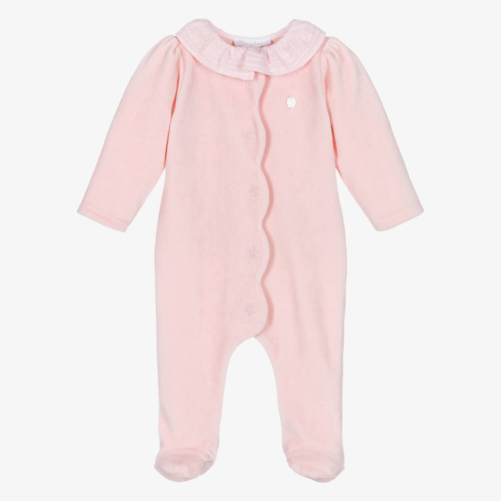 Patachou-Girls Pink Velour Ruffle Collar Babygrow | Childrensalon Outlet