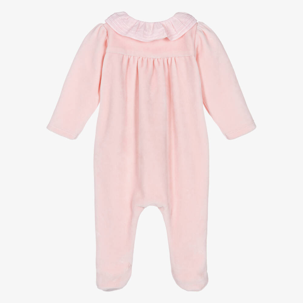 Patachou-Girls Pink Velour Ruffle Collar Babygrow | Childrensalon Outlet