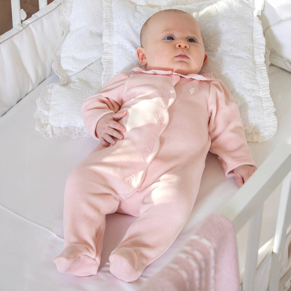 Patachou-Girls Pink Velour Ruffle Collar Babygrow | Childrensalon Outlet