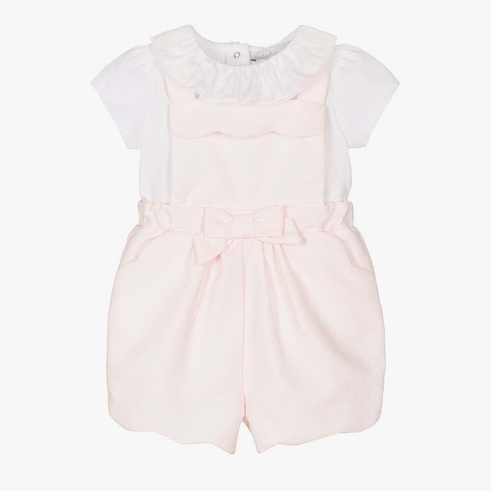 Patachou - Girls Pink & White Cotton Dungaree Set | Childrensalon