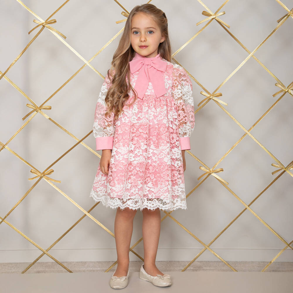 Patachou-Girls Pink & White Floral Lace Dress with Crêpe Bow | Childrensalon Outlet