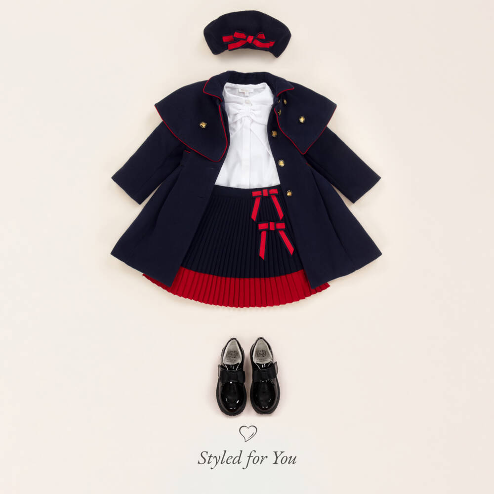 Patachou-Girls Pleated Skirt with Navy Bows | Childrensalon Outlet
