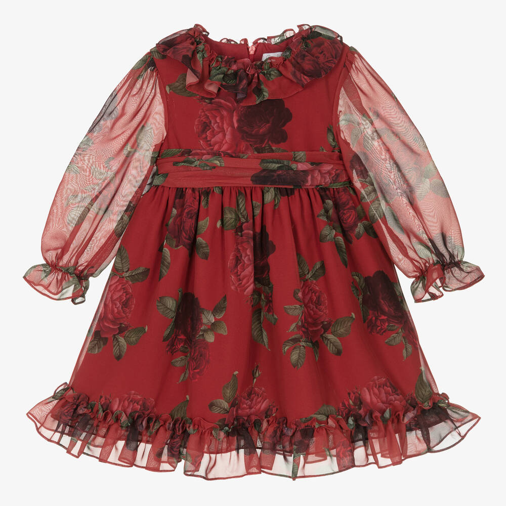 Patachou - Robe rouge mousseline roses Fille  | Childrensalon