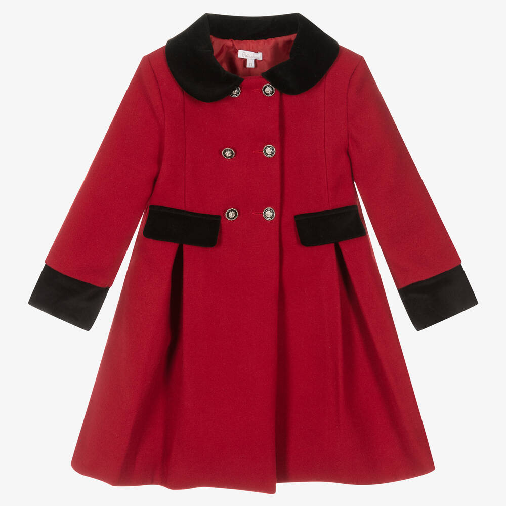 Patachou - Girls Red Coat With Black Velvet Trims | Childrensalon