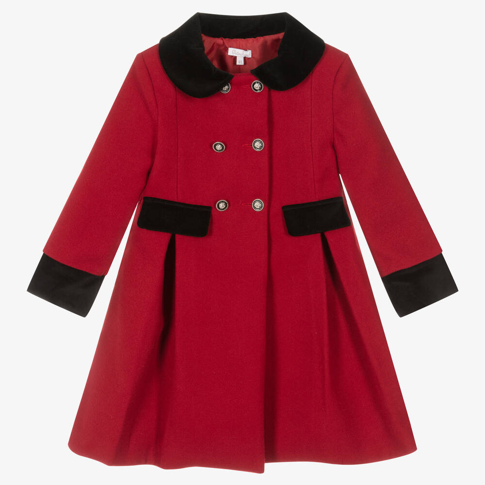 Patachou-Girls Red Coat With Black Velvet Trims | Childrensalon Outlet