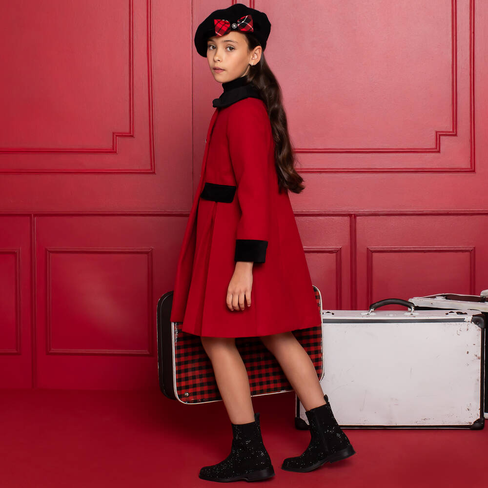 Patachou Girls Red Coat With Black Velvet Trims Childrensalon