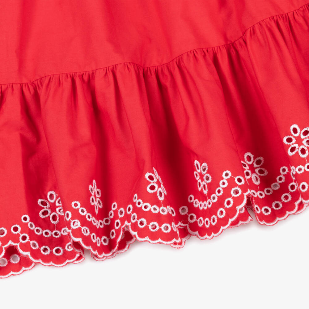 Patachou-Girls Red Cotton Dress with Floral Cut Work | Childrensalon Outlet