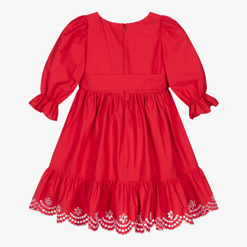 Patachou-Girls Red Cotton Dress with Floral Cut Work | Childrensalon Outlet