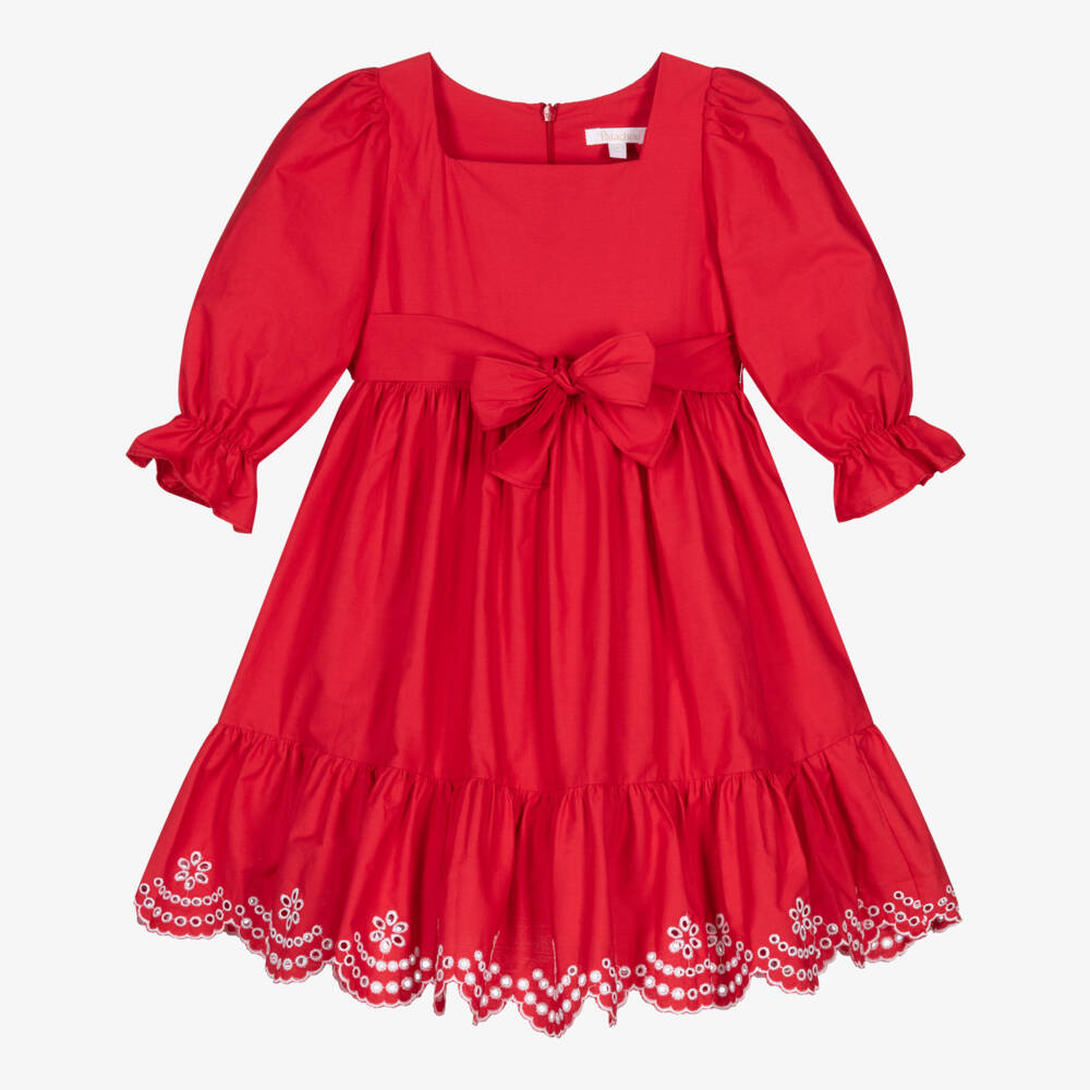 Patachou-Girls Red Cotton Dress with Floral Cut Work | Childrensalon Outlet